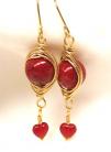 Red Marbled Herringbone Wrapped Gold Earrings with Red Heart Drop