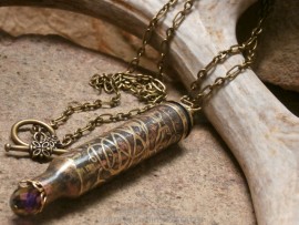 Bullet Casing Necklace-Etched Loopy Swirls with Iridescent Purple Crystal