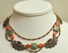 Antique Copper Filigree Necklace with Orange & Green Beads